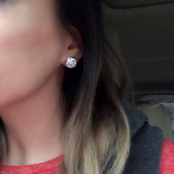 Silver Round Druzy Stone Stud Stainless Earrings - Picture 2 of 2